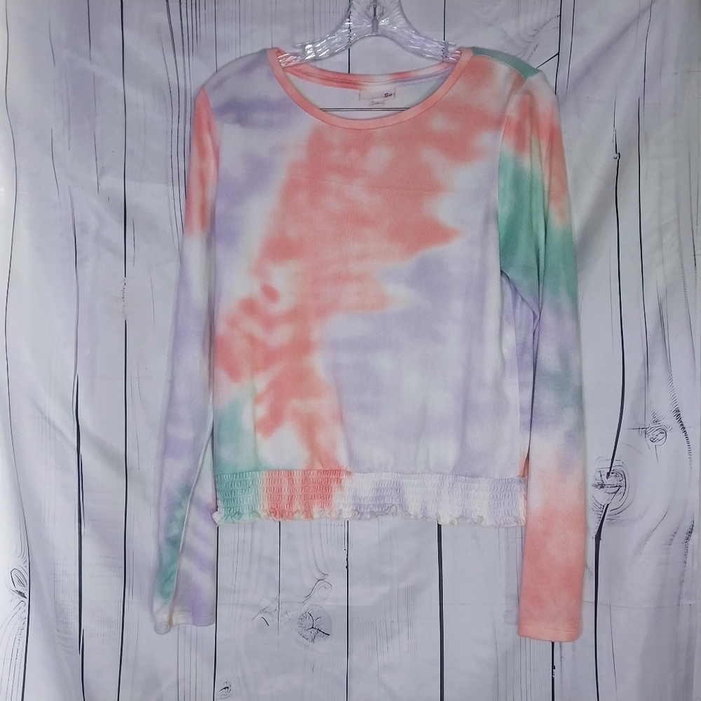 SO Long-Sleeve Super Cozy Crewneck Tie-Dye Top With Elastic Hem